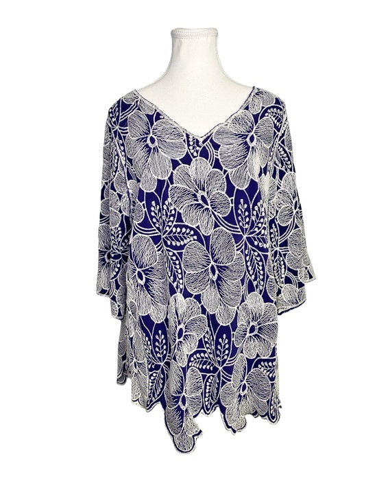 Kindred Tops - Kindred+ Plus Size Navy Blue White Floral Embroidered Boho Peasant Top